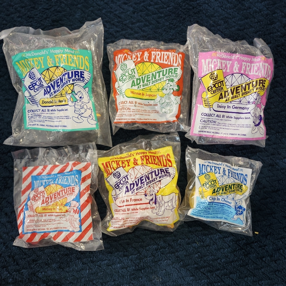 vintage McDonald's Happy Meal toys from a 1980s "Mickey & Friends EPCOT Center A